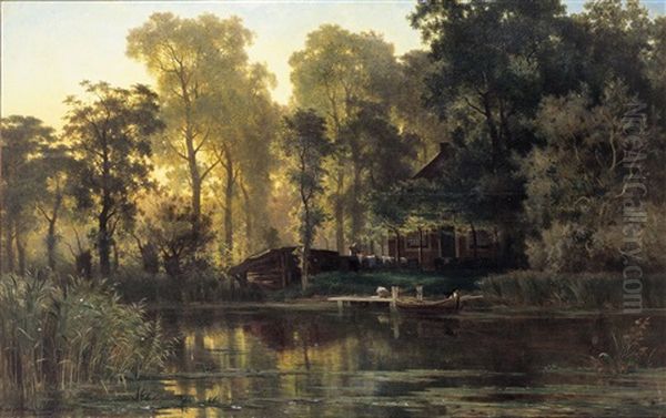 Riviergezicht Met Pont (de Vlist - Zuid-holland) Oil Painting by Edmond De Schampheleer