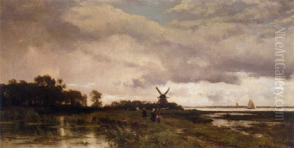 Figures In A Field With Cows Before A Windmill Oil Painting by Edmond De Schampheleer