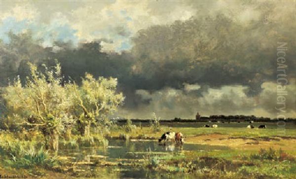 A Storm Approaching: Cows Fording A Stream In A Landscape Oil Painting by Edmond De Schampheleer