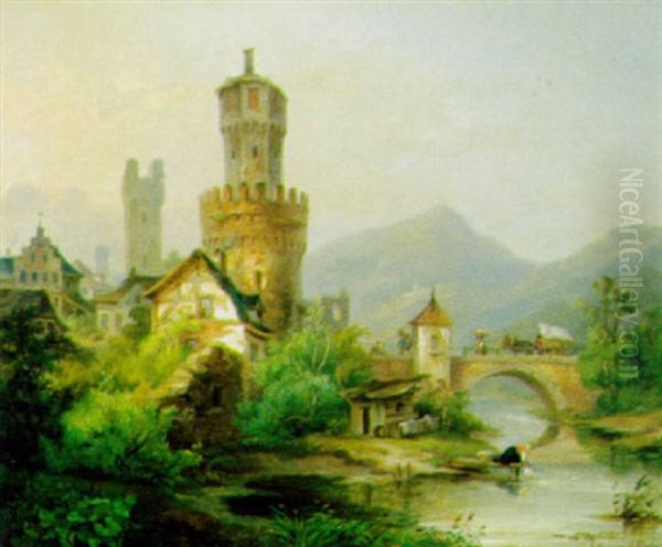 Stadtchen Am Flussufer Mit Reicher, Figurlicher Staffage Oil Painting by Edmond De Schampheleer