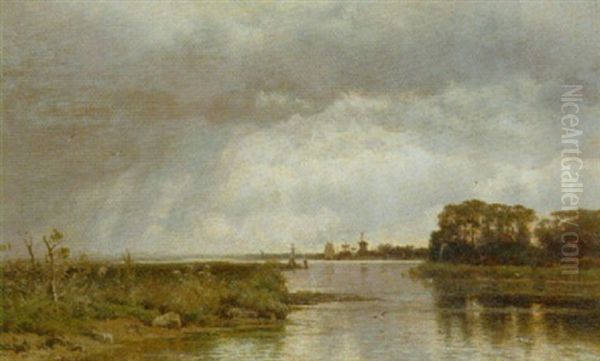 By The River Schie Near Rotterdam Oil Painting by Edmond De Schampheleer