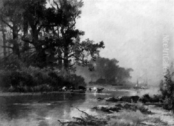 Troupeau Traversant La Riviere Oil Painting by Edmond De Schampheleer