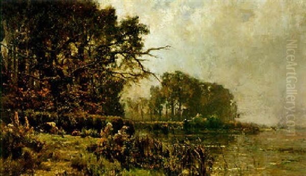 Herdsman By A Lake Oil Painting by Edmond De Schampheleer