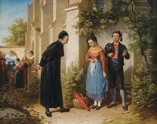 Die Versaumte Predigt - Ein Junges Paar Wird Vom Pfarrer Zurechtgewiesen Oil Painting by Franz Schams