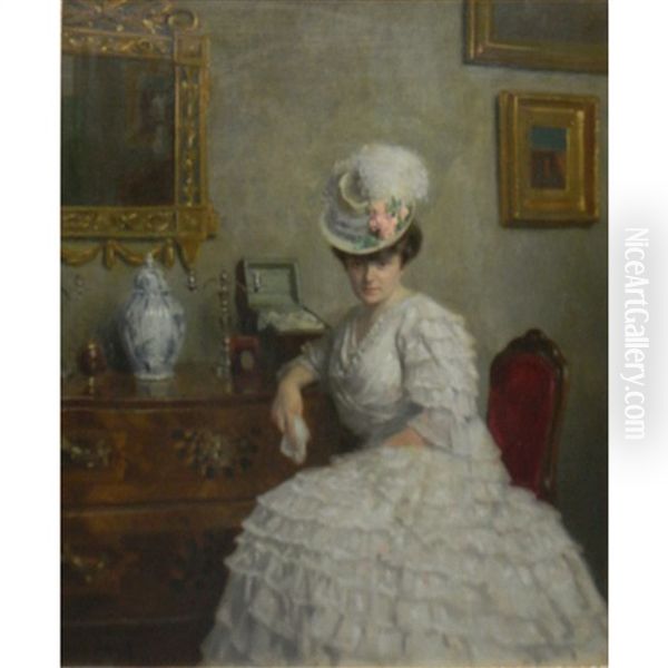 Woman In White Seated In A Salon Oil Painting by Victor Scharf