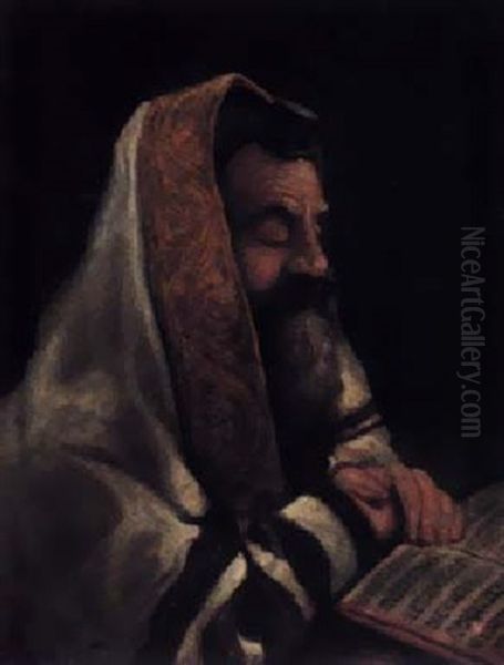 A Rabbi Reading Oil Painting by Josef Scharl