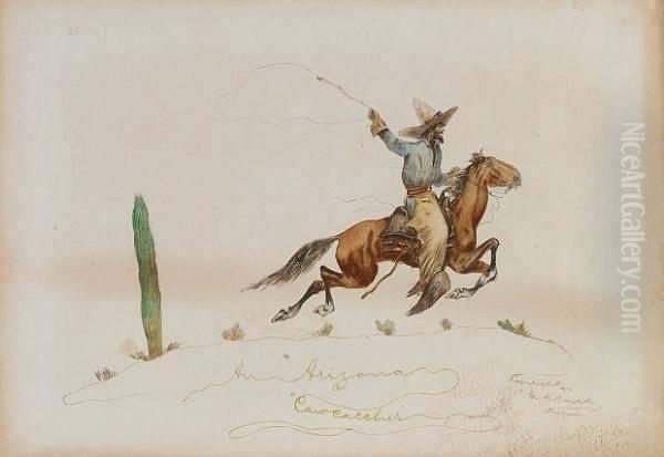 An Arizona Cowcatcher; The Wild Wild West; An Arizona Sidewalk; Picking The Rooster; When East Meets West Oil Painting by George King Bourke