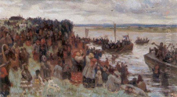 Mobilmachung Wahrend Des Russisch-japanischen Krieges, Am Flus Mesen In Nordrusland Oil Painting by Nikolaj Iossifowitsch Schatiloff