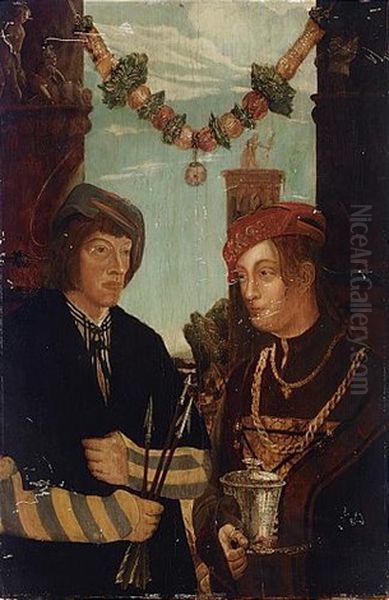 A Double Portrait Of A Couple As St. Sebastian And St. Barbara Oil Painting by Hans Leonhard Schaeufelein