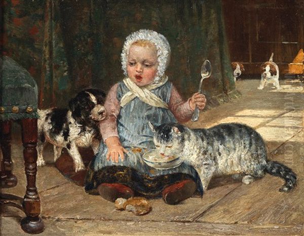 Child With Cat And Dog Oil Painting by Wilhelm Heinrich Schaumann