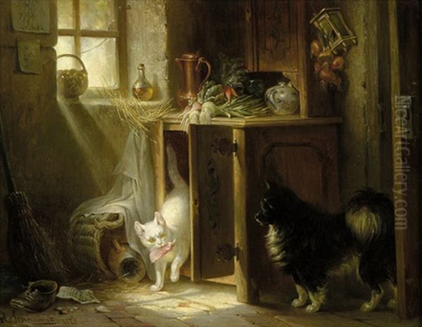 Ertappt - Bauernkuche Mit Spitz, Der Die Katze Beim Diebstahl Eines Bratens Aus Dem Vorratsschrank Erwischt Oil Painting by Wilhelm Heinrich Schaumann