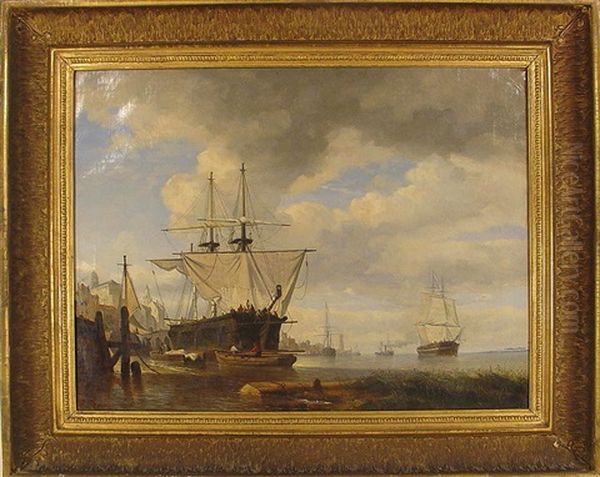 Sailing Ships In Port Oil Painting by Jules Schaumburg