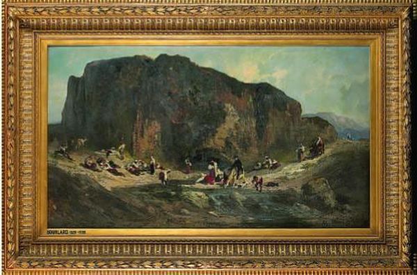 Passage D'une Riviere Devant Un Rocher Oil Painting by Antoine Joseph Bourlard