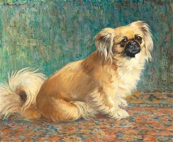 A Pekinese Dog Oil Painting by Ferdinand Schebek