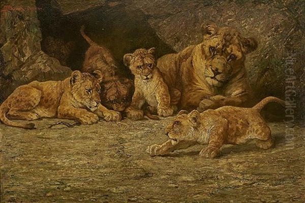 A Lioness And Her Cubs Oil Painting by Ferdinand Schebek