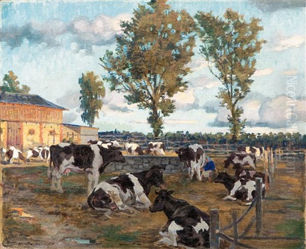 Milking Cows In Mecklenburg Oil Painting by Ferdinand Schebek