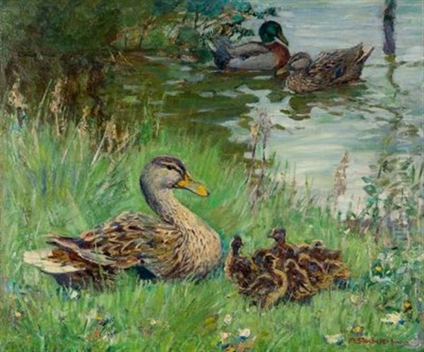 Enten Am Teich Oil Painting by Ferdinand Schebek