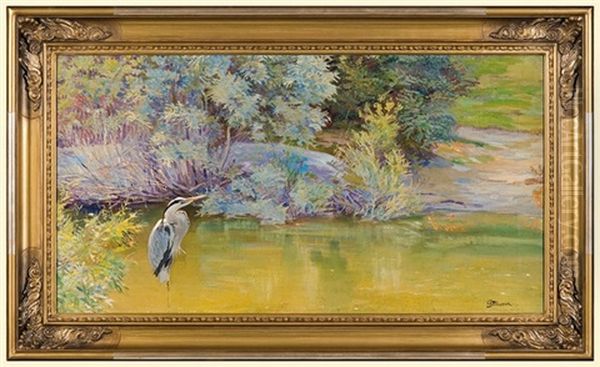 Heron Over The Water Oil Painting by Ferdinand Schebek