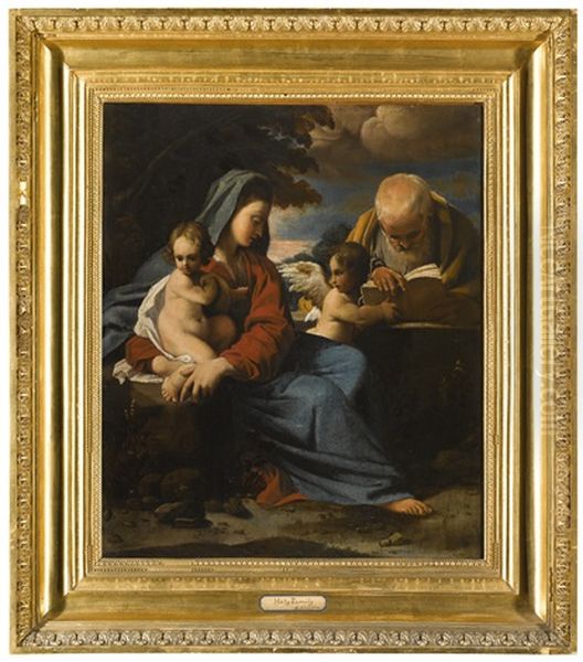 The Rest On The Flight Into Egypt: The Madonna And Child In A Landscape Seated, Attended By An Angel Holding A Book For St. Joseph Oil Painting by Bartolomeo Schedoni