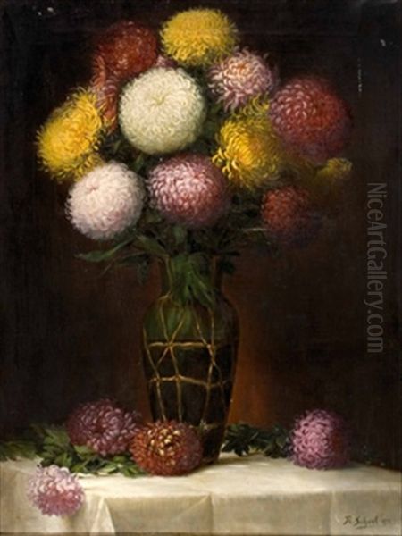 Chrysanthemen In Gruner Vase Oil Painting by Flores Scheel