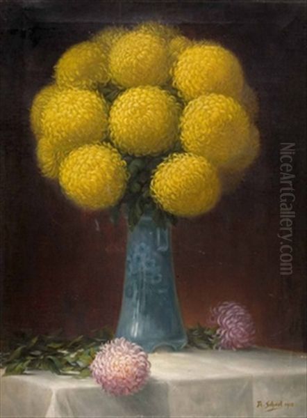 Chrysanthemen In Blauer Vase Oil Painting by Flores Scheel