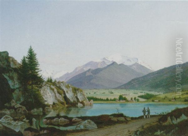 An Alpine River Landscape With Travellers On A Rocky Path Oil Painting by Johann Daniel Scheel