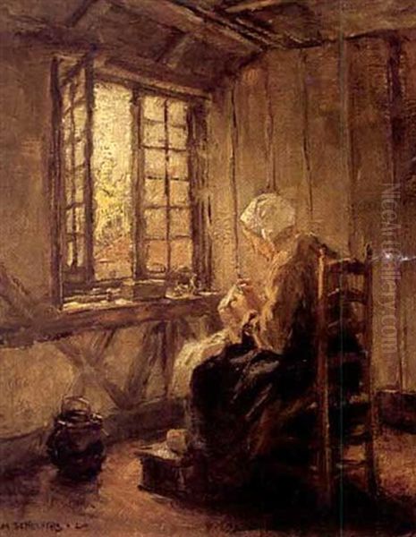 Old Lady Sewing Oil Painting by Malvina (Coburn) Scheepers