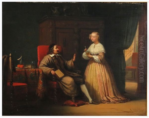 Interior With Gentleman And Wife Bringing Tea Oil Painting by Andries Scheerboom