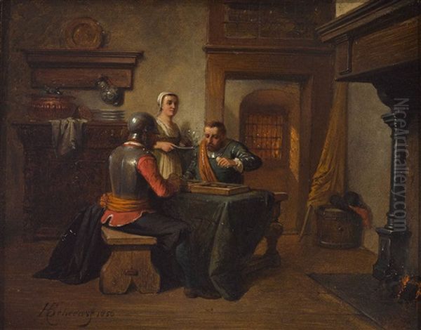 Niederlandische Stube Mit Zwei Soldaten Beim Wurfelspiel Oil Painting by Hendricus Johannes Scheeres