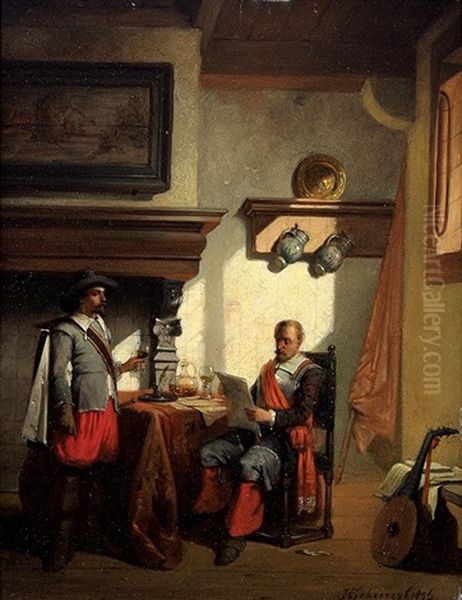 Dutch Figures In An Interior Oil Painting by Hendricus Johannes Scheeres