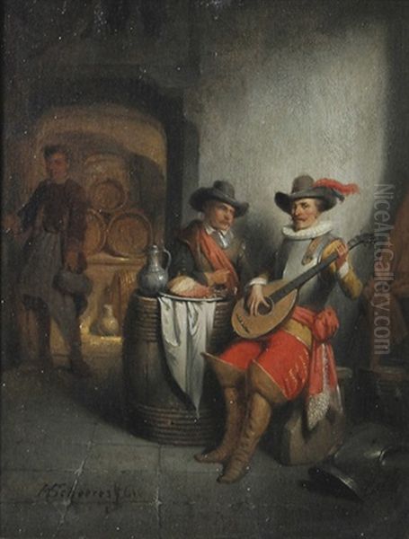 In Der Schanke. Interieur Mit Mandoline Spielendem Bzw. Speisendem Soldat Oil Painting by Hendricus Johannes Scheeres