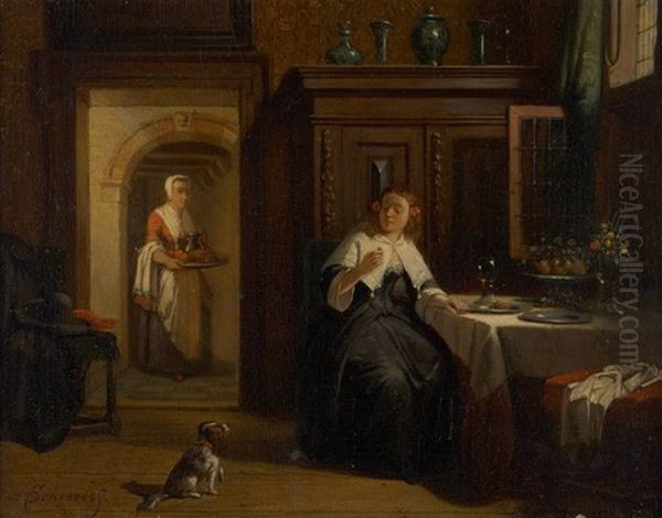 Jeune Femme Et Son Chien Oil Painting by Hendricus Johannes Scheeres