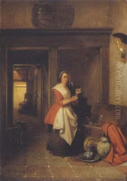 Jeune Femme Tenant Un Verre Dans Un Interieur Oil Painting by Hendricus Johannes Scheeres