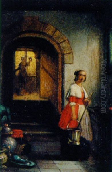 Interieur Mit Hausmadchen In Rotem Kleid Oil Painting by Hendricus Johannes Scheeres