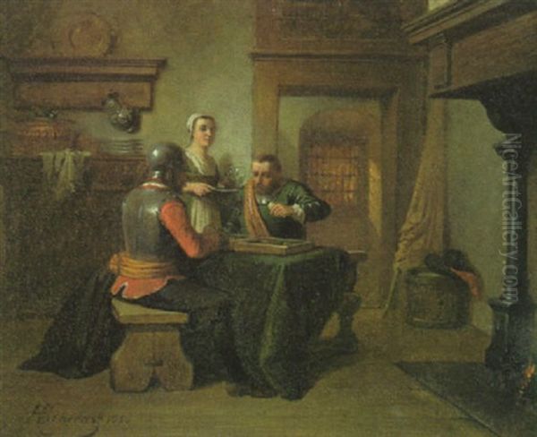 Zwei Landsknechte Beim Brettspiel In Der Stube Am Kamin Oil Painting by Hendricus Johannes Scheeres