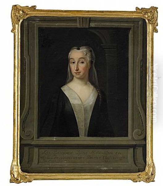 Portratt Forestallande Friherrinnan Kanonissa Johanna Catharina (jane) Hamilton Af Hageby, Ikladd Svartvitt Stiftdamsdrakt Med Vit Sloja Avbildad I Arkitektonisk Trompe L'oeil Omfattning Oil Painting by Johann Henrik Scheffel