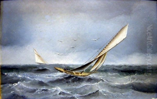 Racing Yachts On A Rough Sea Oil Painting by James C. Bourne