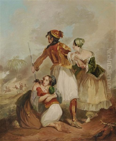 Greek Freedom Fighter With Two Young Women And A Child Oil Painting by Ary Scheffer