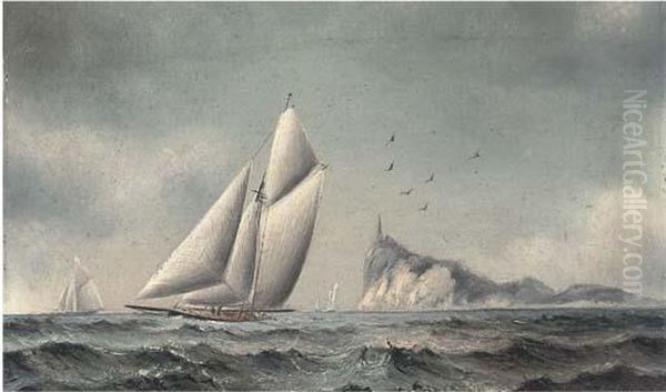 Big Cutters On Opposite Tacks; And Big Cutters Reaching Off Anisland (illustrated) Oil Painting by James C. Bourne