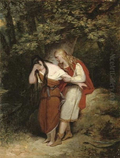 Two Figures In Woodland Oil Painting by Ary Scheffer