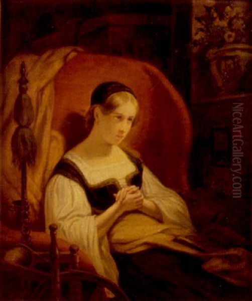 Jeune Fille Assise Pres D'un Rouet Dans Un Grand Fauteuil Rouge Oil Painting by Ary Scheffer