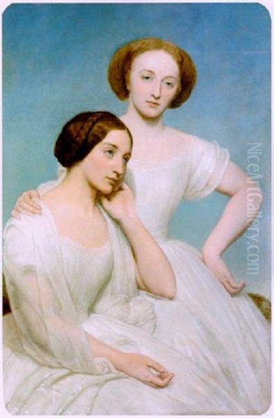 Portrait De Deux Jeunes Filles En Robe Blanche Oil Painting by Ary Scheffer