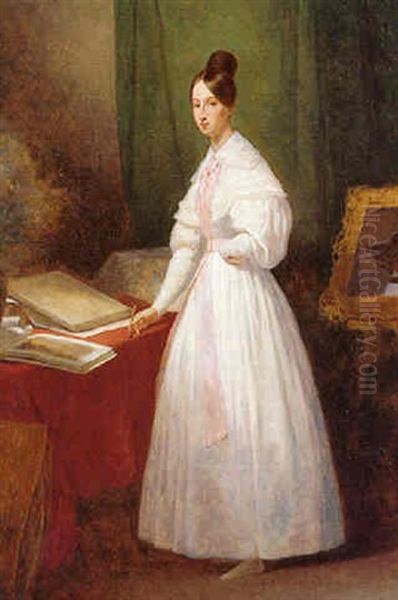 Portrait Of The Princesse D'orleans, Standing Full Length In A Studio Interior, Wearing A White Dress Oil Painting by Ary Scheffer