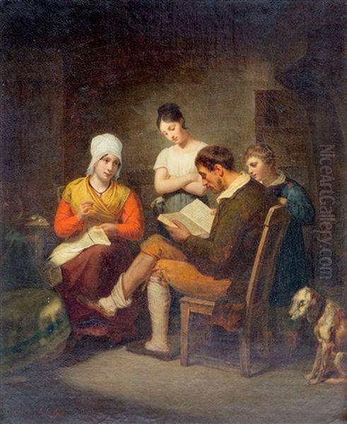 A Family Reading At Night Oil Painting by Henri Scheffer