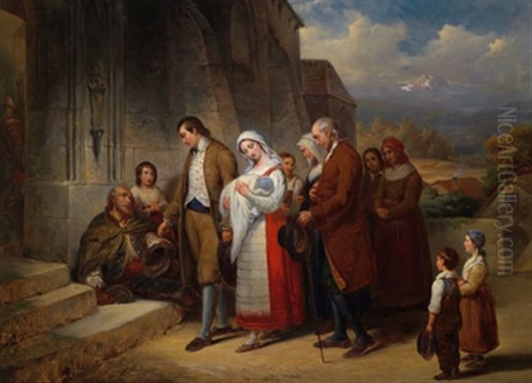 Taufgesellschaft Vor Dem Kirchenportal Oil Painting by Henri Scheffer