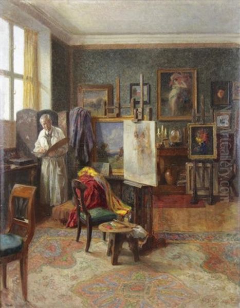 Artist In His Studio Oil Painting by Robert Scheffer