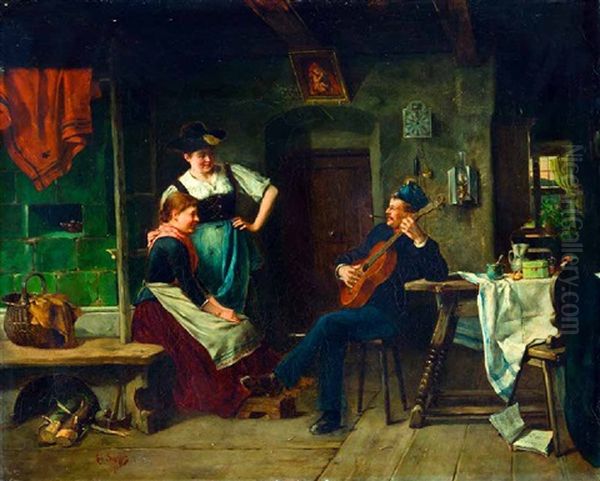 Gitarre Spielender Soldat In Der Stube Oil Painting by Robert Scheffer