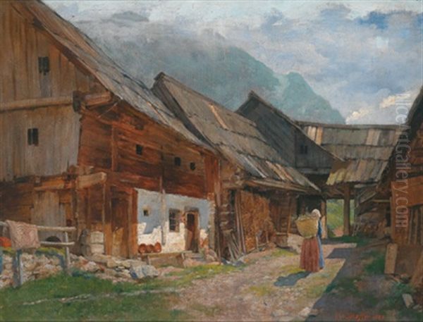 Motiv Aus Der Obersteiermark (bauerngehoft) Oil Painting by Robert Scheffer