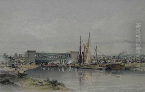 Railway Bridge Over The Regents Canal Oil Painting by John Cooke Bourne