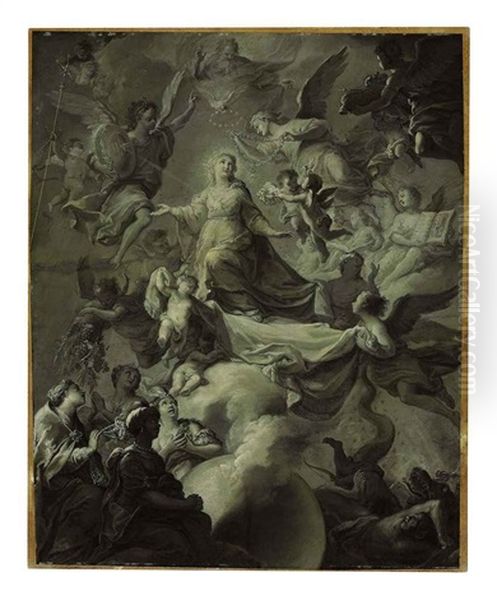 The Coronation Of The Virgin With God The Father, Angels And Demons, And Allegorical Figures Of The Four Parts Of The World Oil Painting by Felix Anton Scheffler